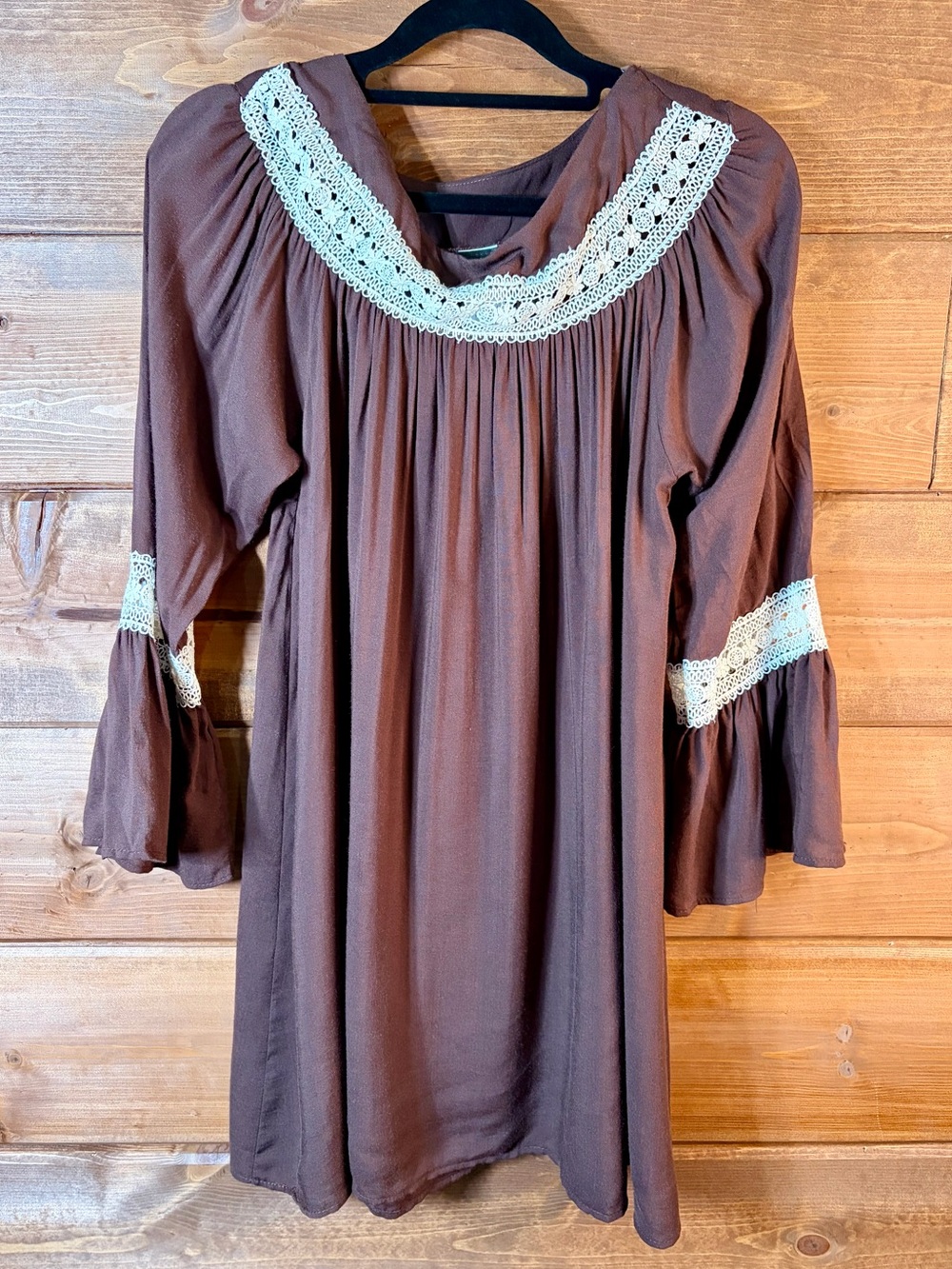 Women's Brown Boho Mini Shift Dress with Cream Lace Trim 🤎 Size Medium